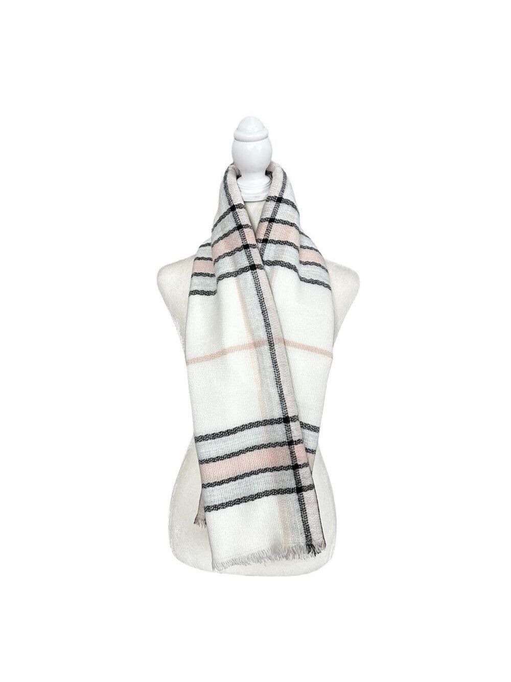 Maurices White, Pink & Black Plaid Blanket Fringe Trim Scarf